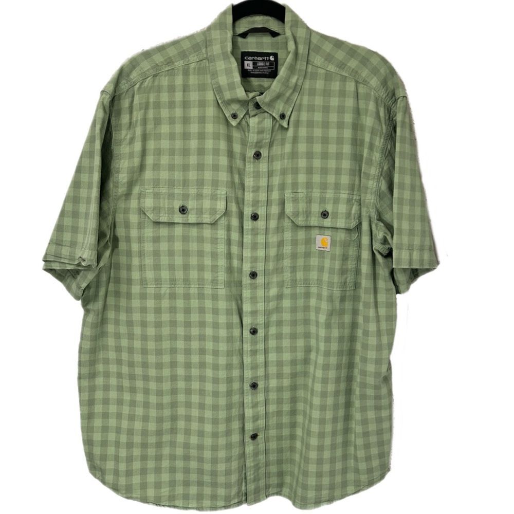 Carhartt Size XL Loose Fit  Light Green Plaid Short Sleeve Button Down Shirt